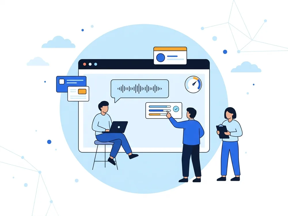 Illustration: a candidate answering an AI interviewer on a laptop while a coach points at the feedback report on screen